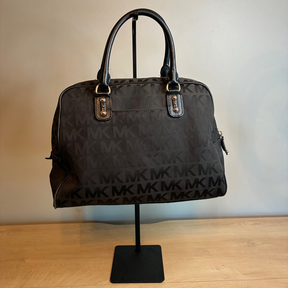 Michael Kors Grayson Black Monogram Jacquard Satchel Crossbody Bag Gold Hardware